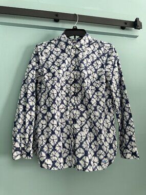 Talbots Navy White Tie-Dye Print Blouse